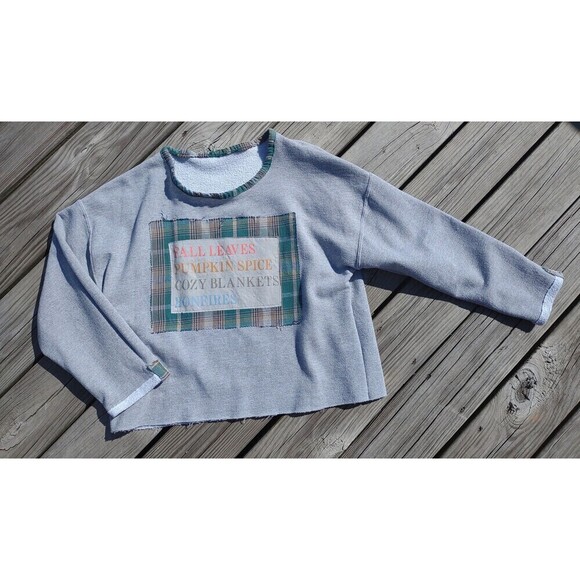 Custom Sweatshirt Oversized Boho Patchwork Plaid Flannel Shabby Chic - Picture 9 of 10